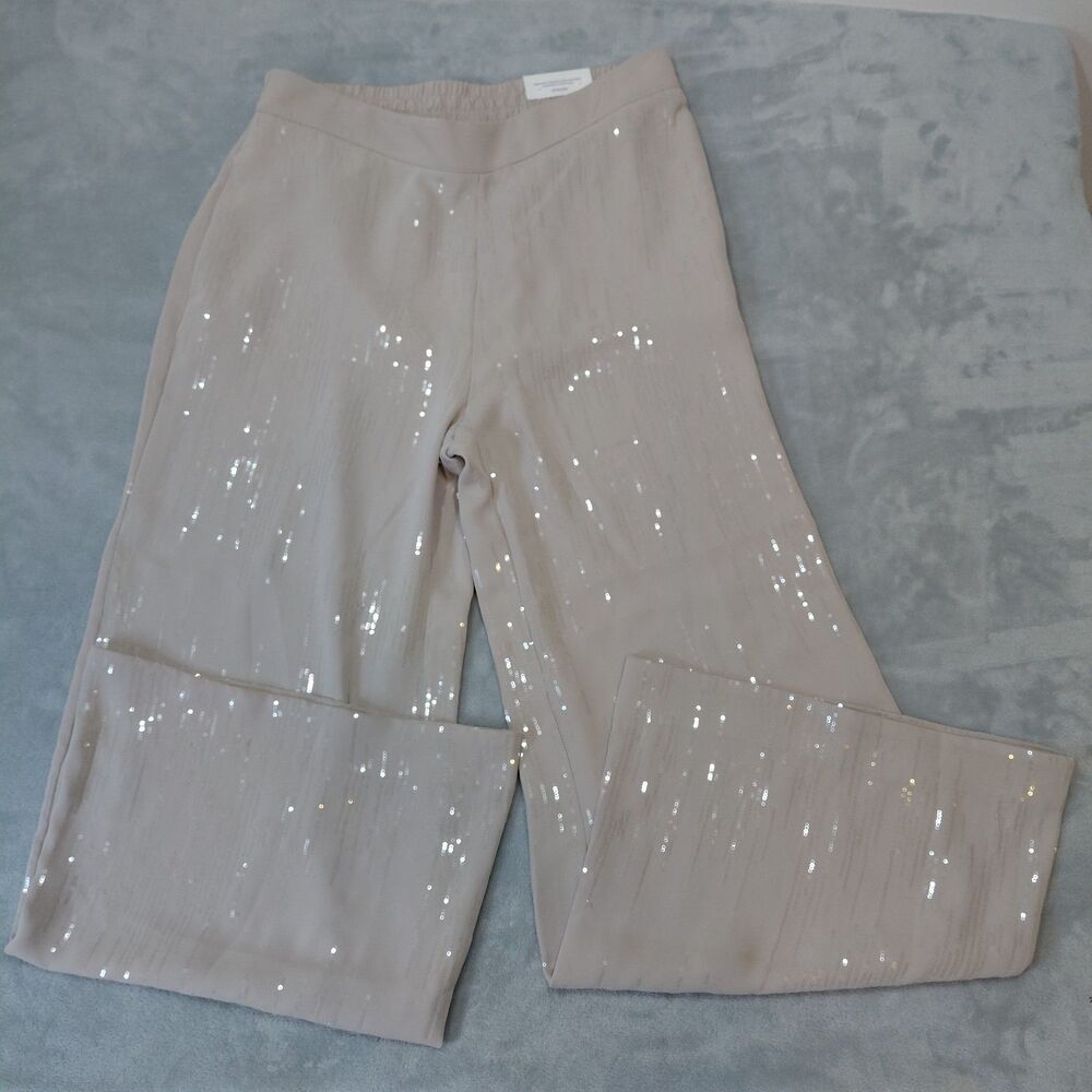 NWT Chico's Sequin Wide Leg Pants Womens 1.5 US 10 Beige Taupe Elastic Waist